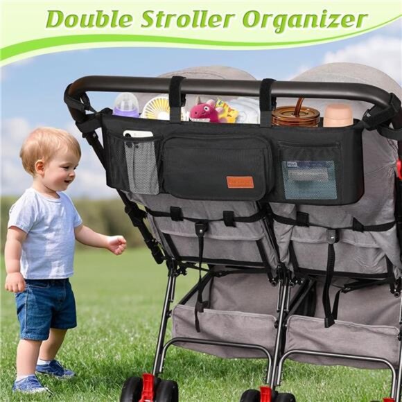 Double Stroller Organizer Bag with Cup Holders Parent Console Baby Jogging Caddy - Picture 6 of 7